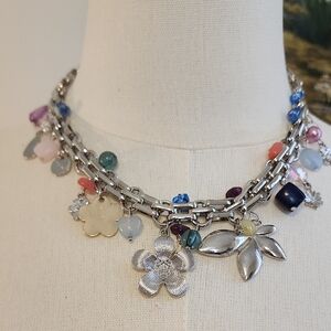 Silver Multi-Color Charm Necklace Costume Jewelry Adjustable